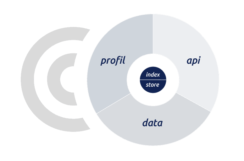 depa.tech infographic pie chart with profil, api and data on outer ring and index and store inside the outer ring